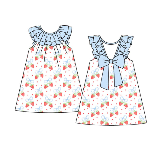 Preorder (moq 5)Baby Girls Blue Sleeveless Strawberry Backless Bow Knee Length Dress