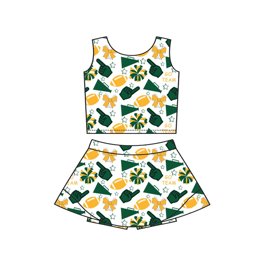 Preorder(moq 8)Baby Girls Gold Green Bows Footballs Vest Top Shirt Shorts Team Clothes Sets