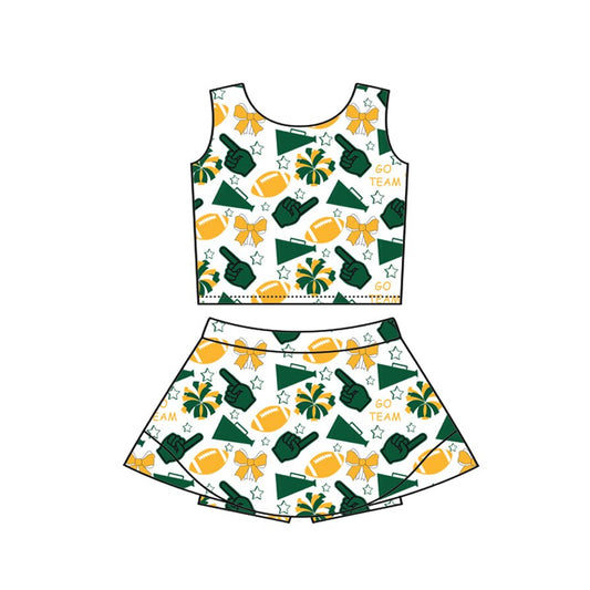 Preorder(moq 8)Baby Girls Gold Green Bows Footballs Vest Top Shirt Shorts Team Clothes Sets