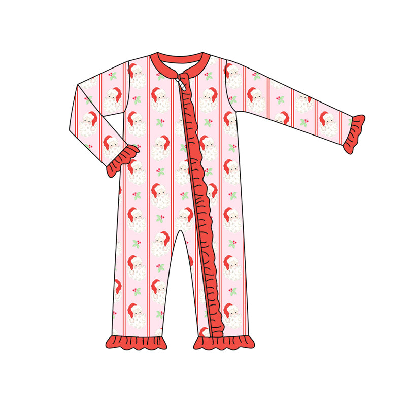 Preorder (moq 5)Baby Girls Long Sleeves Red Santa Holly Stripes Ruffle Zipper Romper