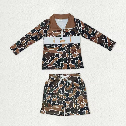 Baby Boys Dark Brown Camo Embroidery Duck Calls Zip Pullover Pockets Shorts Hunting Clothes Sets