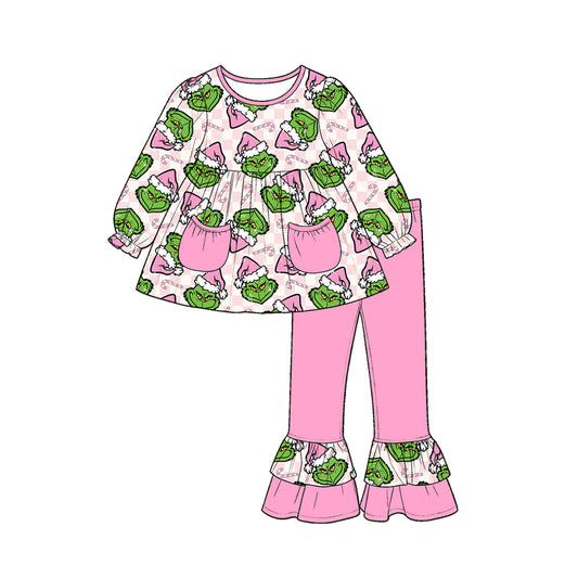 Preorder moq 5 Baby Girls Green Frogs Candy Cane Pockets Tunic Ruffle Pant Christmas Clothes Set