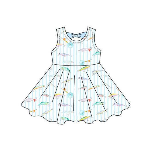Preorder moq 5 Baby Girls Sleeveless Blue Stripe Fishing Hunting Knee Length Dresses