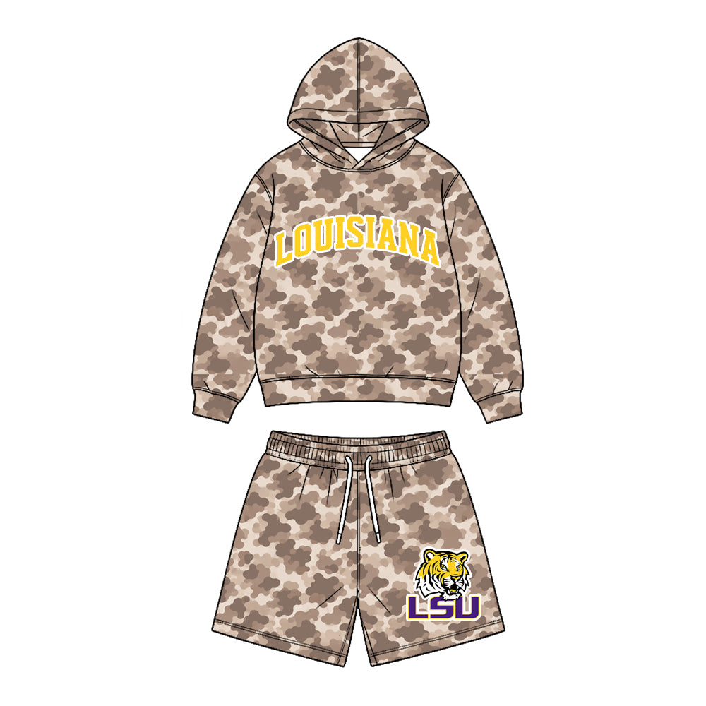 Preorder (moq 5) Baby Boy Clothes Louisiana LSU Tiger Logo Camo Print Long Sleeve Hoodie & Elastic Waist Short Set