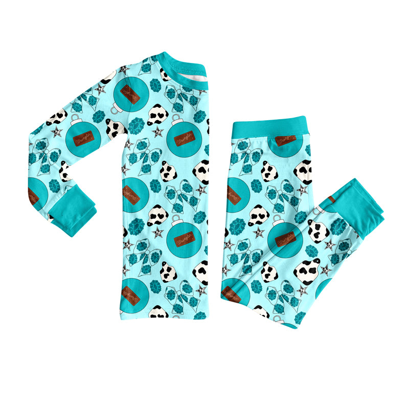 Preorder (moq 5)Baby Girls Cow Print Turquoise Bows Top Pants Pajamas Set