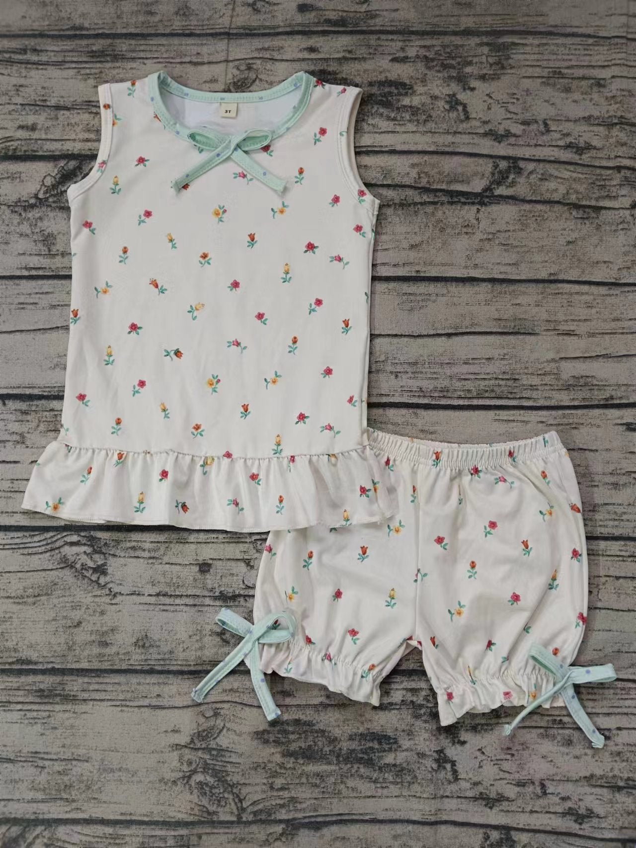 Baby Girls White Flowers Bows Shirt Top Shorts Pajamas Sets preorder (moq 5)