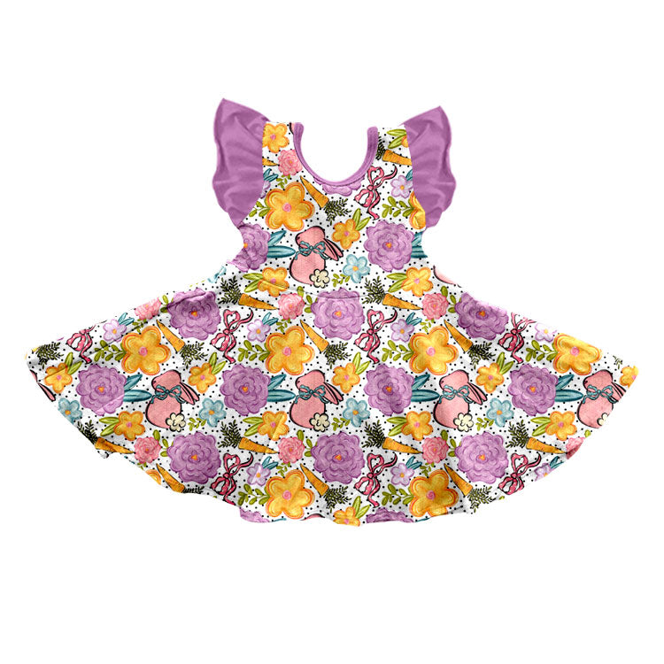 Preorder (moq 5) Baby Girl Clothes Easter Floral Bunny Mixed Print Short Sleeve Twirl Dress