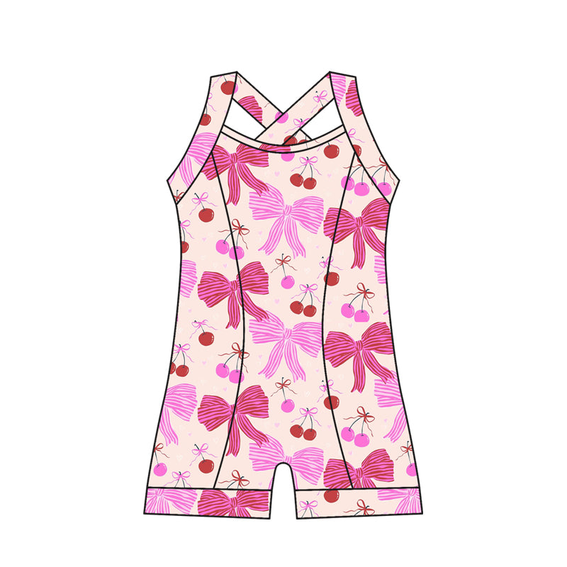 Preorder moq 10 Baby Girls Strap Pink Bows Cherry Activity Wear Yoga Jumpsuits