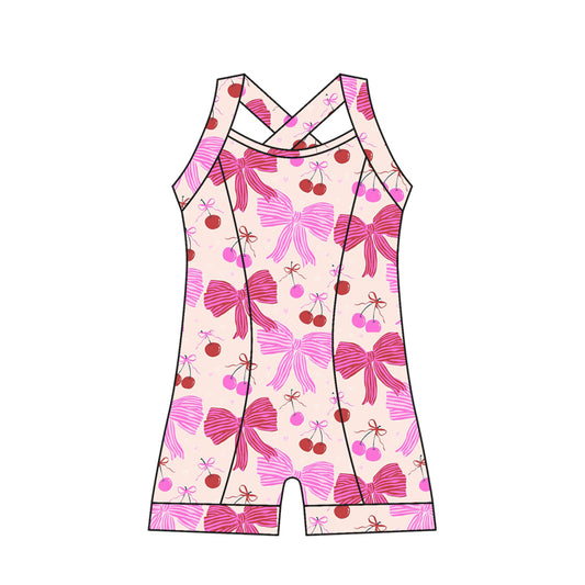 Preorder moq 10 Baby Girls Strap Pink Bows Cherry Activity Wear Yoga Jumpsuits