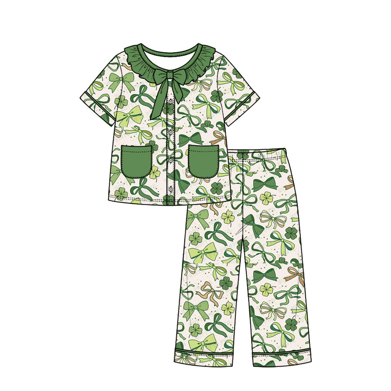 Preorder (moq 5) Baby Girl Clothes Green Bow Floral Mixed Print Short Sleeve Ruffle Bow Long Pant Pajama Set