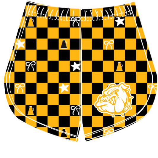 Preorder (moq 5)Baby Girls Black Mustard Checked Bulldogs Cheer Team Shorts Bottoms