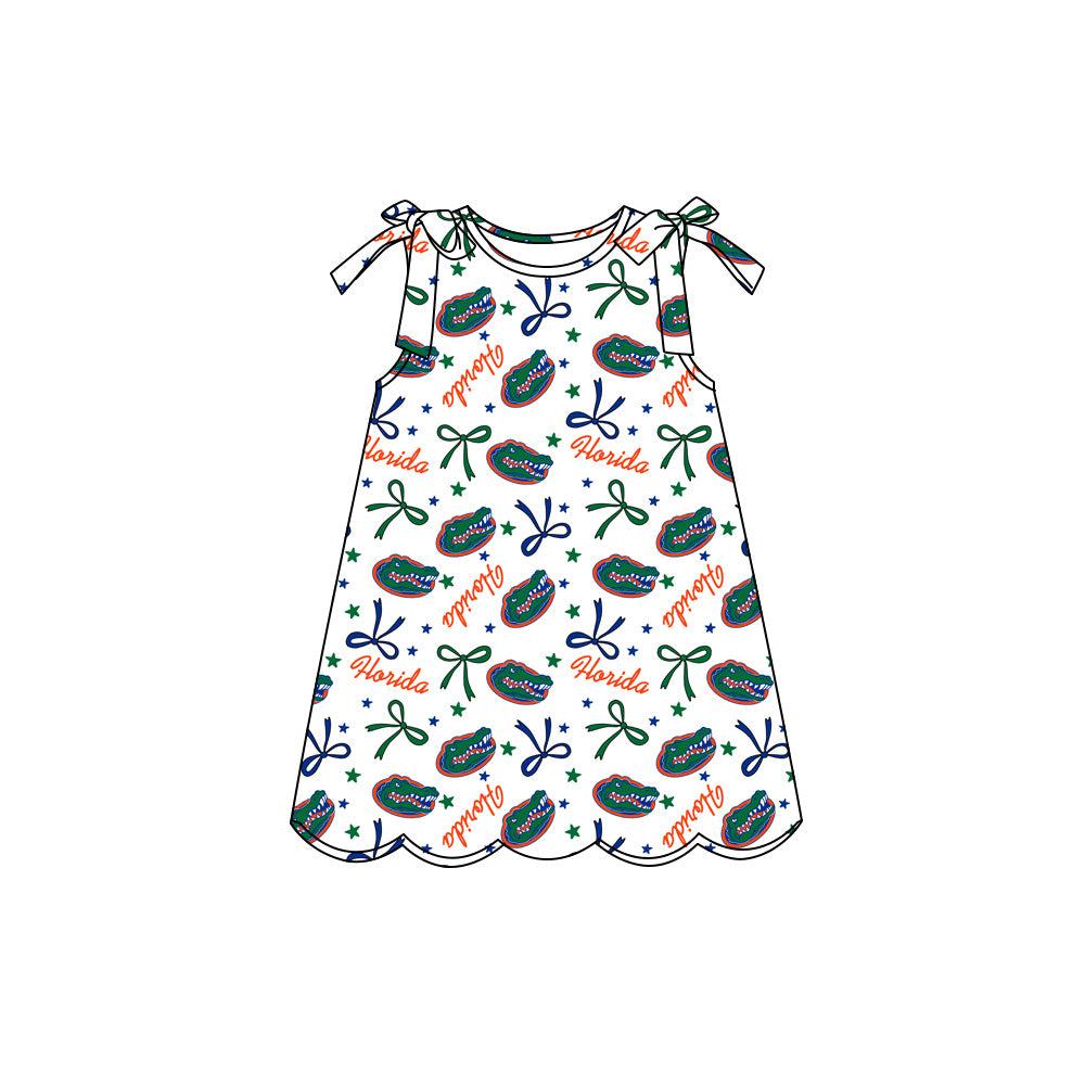Preorder (moq 5)Baby Girls Sleeveless Bow Stars Crocodiles Team Scallop Knee Length Dresses