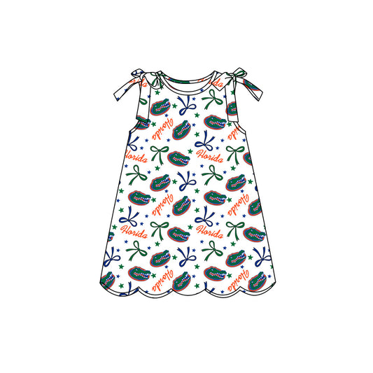 Preorder (moq 5)Baby Girls Sleeveless Bow Stars Crocodiles Team Scallop Knee Length Dresses
