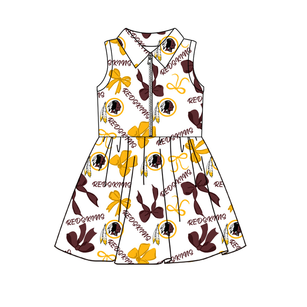 Preorder (moq 5)Baby Girls Sleeveless Bows Redskins Team Zip Short Knee Length Dress