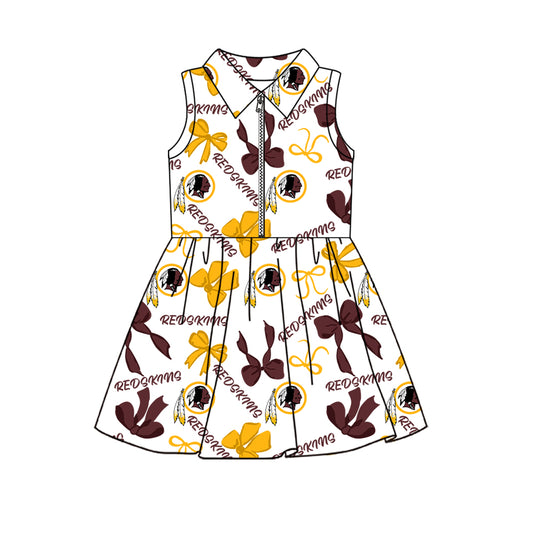 Preorder (moq 5)Baby Girls Sleeveless Bows Redskins Team Zip Short Knee Length Dress