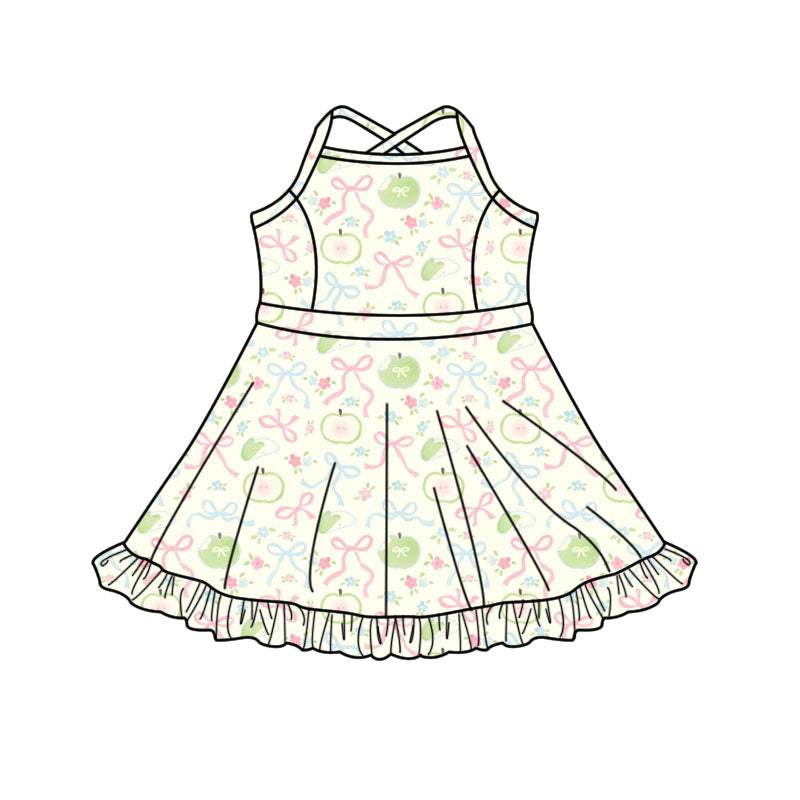 Preorder(moq 5) Baby Girls Apples Flower Bows Strap Ruffle Shorts Knee Length Dresses