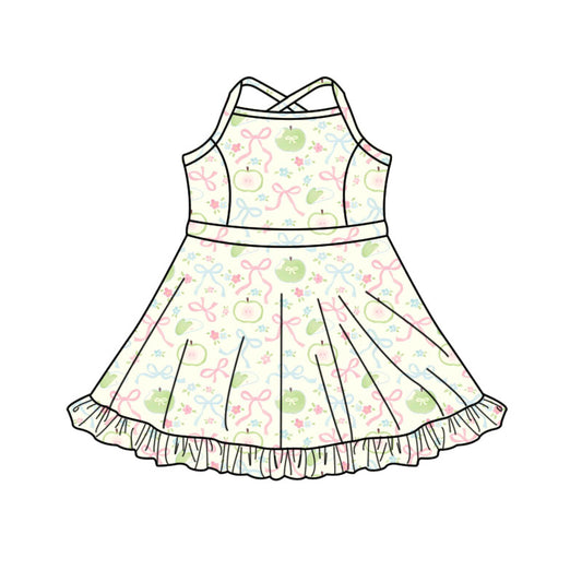 Preorder(moq 5) Baby Girls Apples Flower Bows Strap Ruffle Shorts Knee Length Dresses