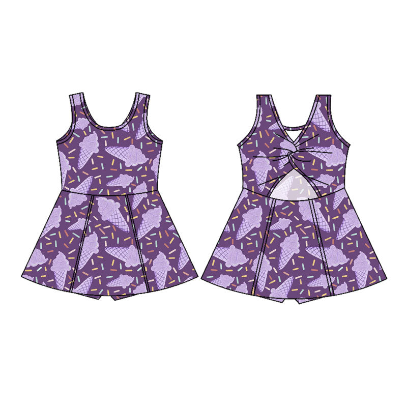 Preorder(moq 5) Baby Girls Purple Ice Cream Sprinkles Shorts Knee Length Dresses