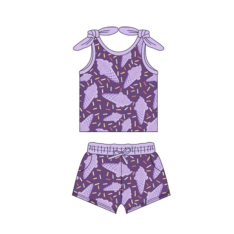 Preorder(moq 5) Baby Girls Purple Ice Cream Sprinkles Top Pockets Shorts Clothes Sets