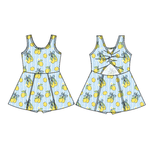 Preorder(moq 5) Baby Girls Blue Stripe Flowers Lemons Shorts Knee Length Dresses
