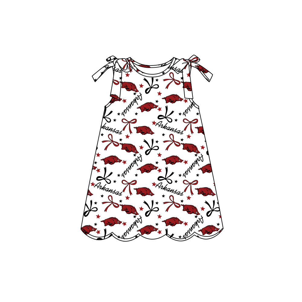 Preorder (moq 5)Baby Girls Sleeveless Bow Stars Red Bulls Team Scallop Knee Length Dresses