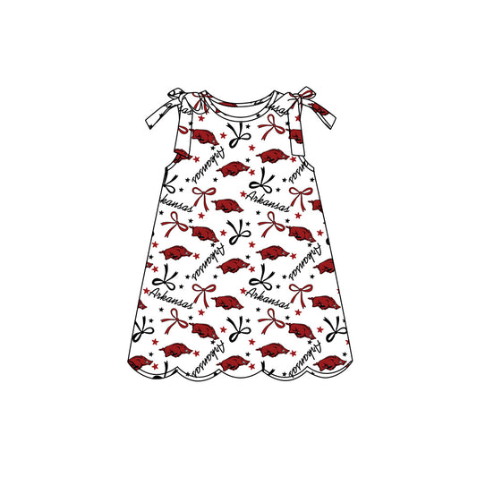 Preorder (moq 5)Baby Girls Sleeveless Bow Stars Red Bulls Team Scallop Knee Length Dresses