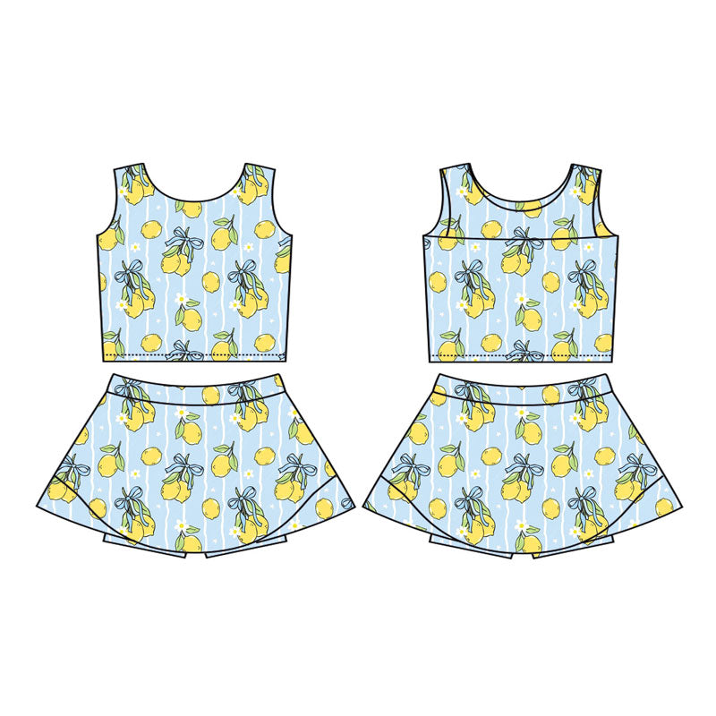 Preorder(moq 5) Baby Girls Blue Stripe Flowers Lemons Vest Skirt Shorts Clothes Sets