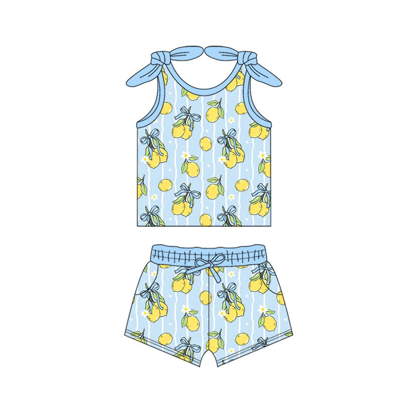 Preorder(moq 5) Baby Girls Blue Stripe Bows Lemons Top Pockets Shorts Clothes Sets