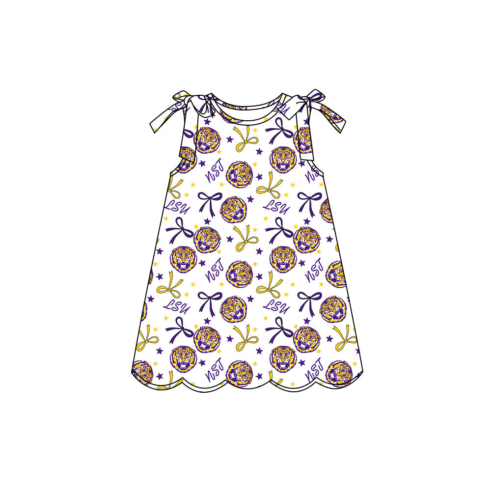 Preorder (moq 5)Baby Girls Sleeveless Bow Stars LSU Tigers Team Scallop Knee Length Dresses