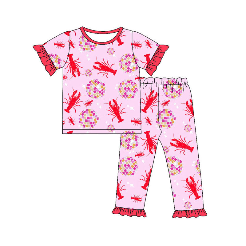 Preorder(moq 5) Baby Girls Crayfishes Bows Top Ruffle Pants Clothes Sets