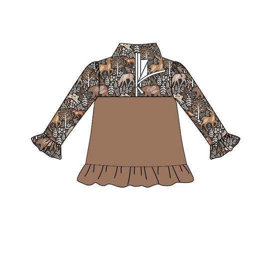 Preorder (moq 5)Baby Girls Brown Animals Long Ruffle Sleeve Zip Pullovers Top