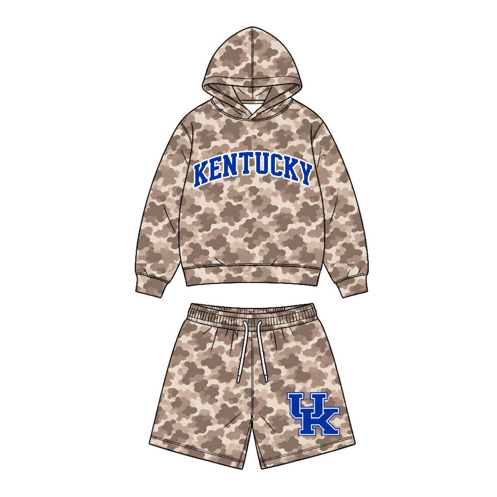 Preorder (moq 5) Baby Boy Clothes Kentucky UK Letter Logo Camo Print Long Sleeve Hoodie & Elastic Waist Short Set