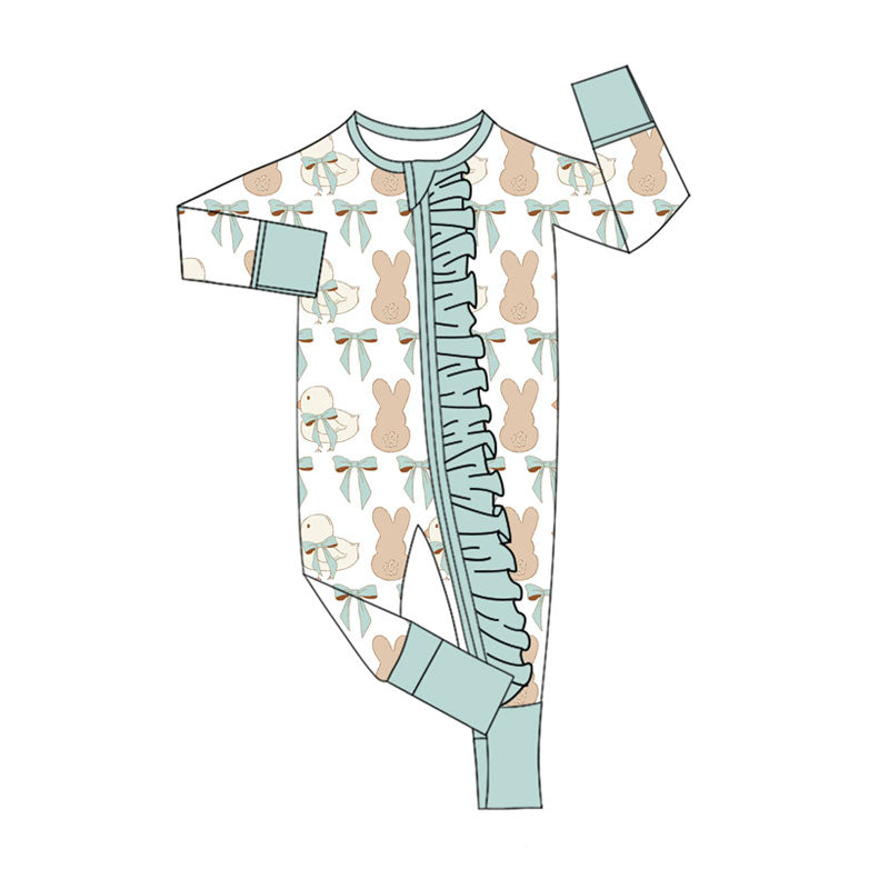 Preorder (moq 8)Baby Girls Bows Rabbits Chicks Easter Ruffle Zipper Footie Rompers