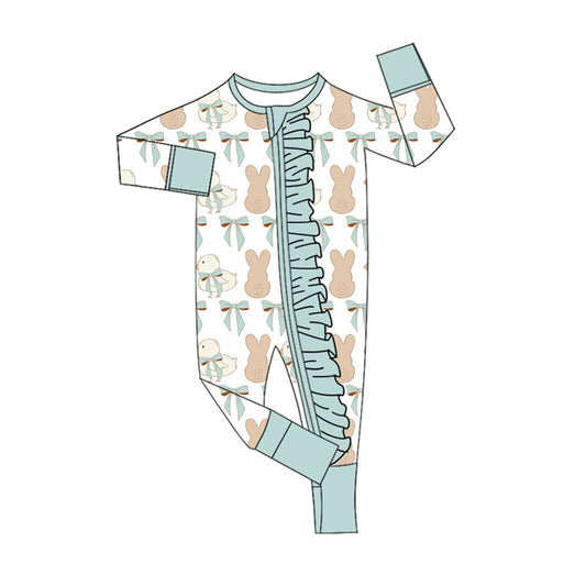 Preorder (moq 8)Baby Girls Bows Rabbits Chicks Easter Ruffle Zipper Footie Rompers
