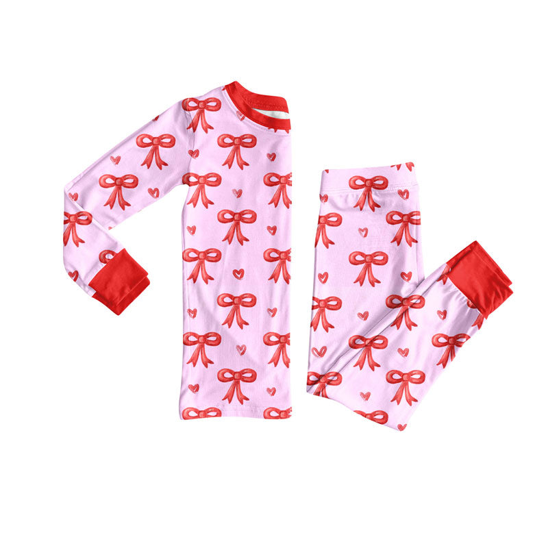 Preorder(moq 8)Baby Girls Bows Hearts Plaid Top Pant Valentine Pajamas Sets