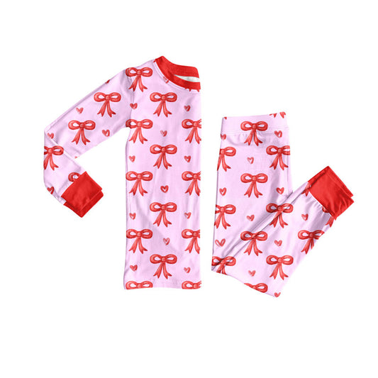 Preorder(moq 8)Baby Girls Bows Hearts Plaid Top Pant Valentine Pajamas Sets