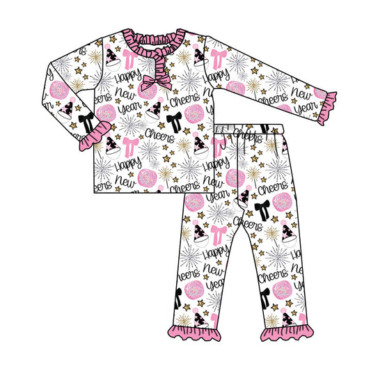 Preorder (moq 20)Baby Girls Bamboo Bows Cheers Happy New Year Pajamas Sets