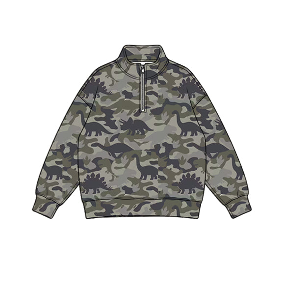 Preorder (moq 5) Baby Boy Clothes Camo Dinosaur Silhouette Print Long Sleeve Quarter Zip Pullover