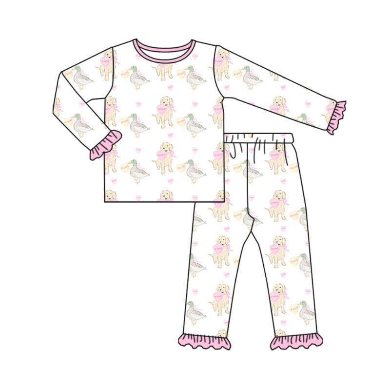 Preorder(moq 5) Baby Girls Hearts Ducks Dogs Top Ruffle Pants Valentine Pajamas Sets