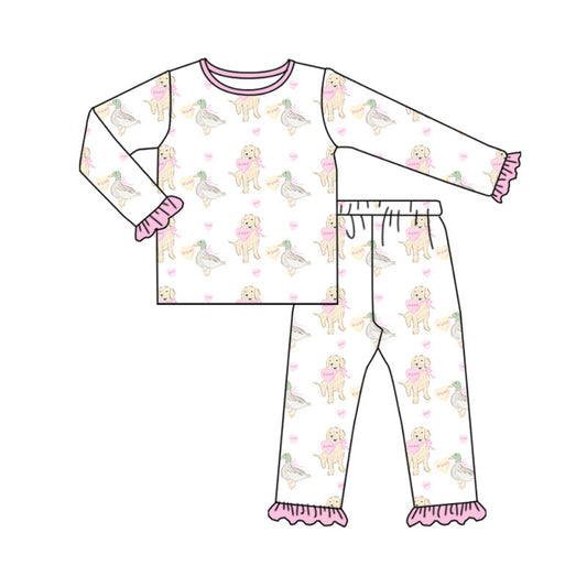 Preorder(moq 5) Baby Girls Hearts Ducks Dogs Top Ruffle Pants Valentine Pajamas Sets