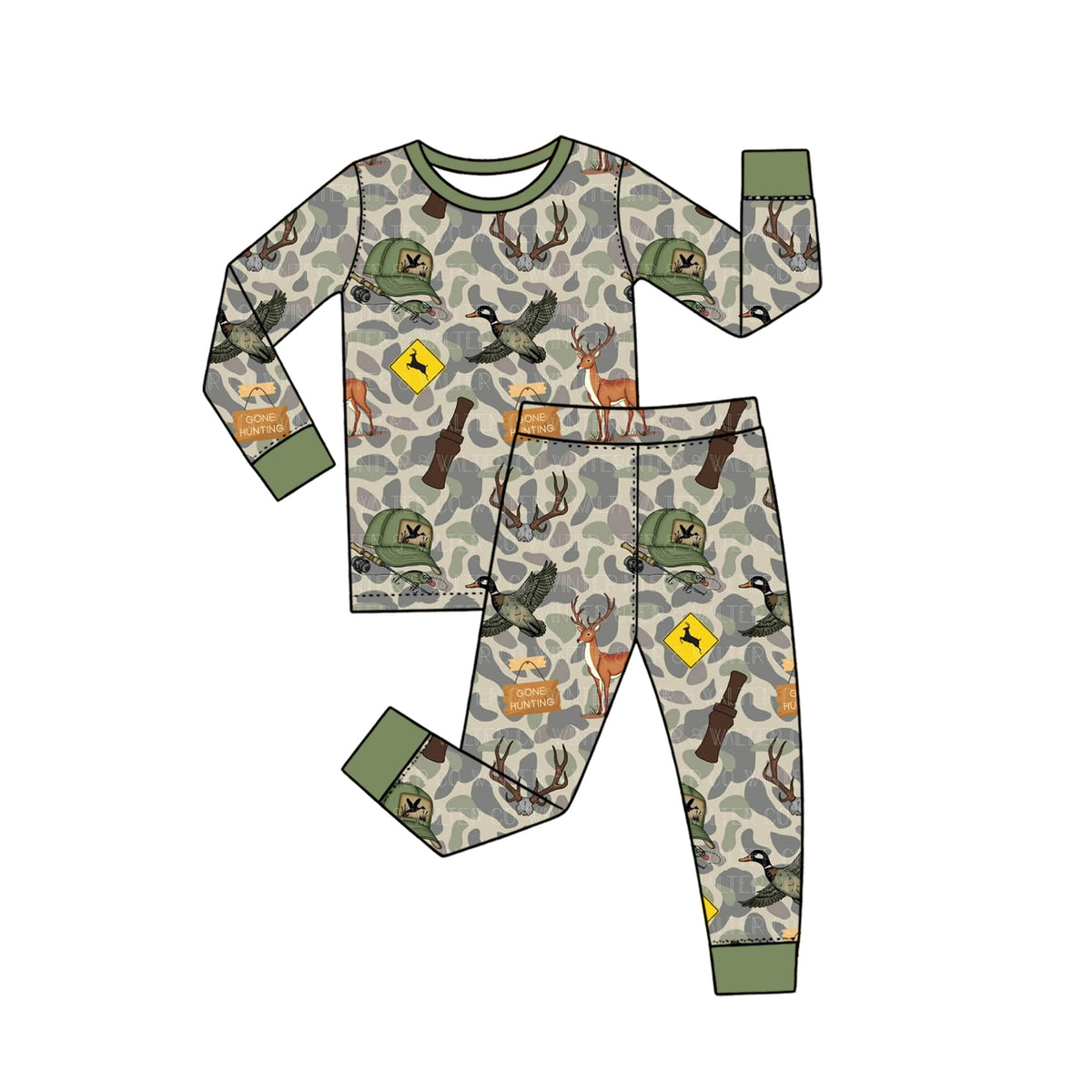Preorder (moq 5) Baby Boy Clothes Hunting Deer Duck Camo Print Long Sleeve Top Pants Pajama Set