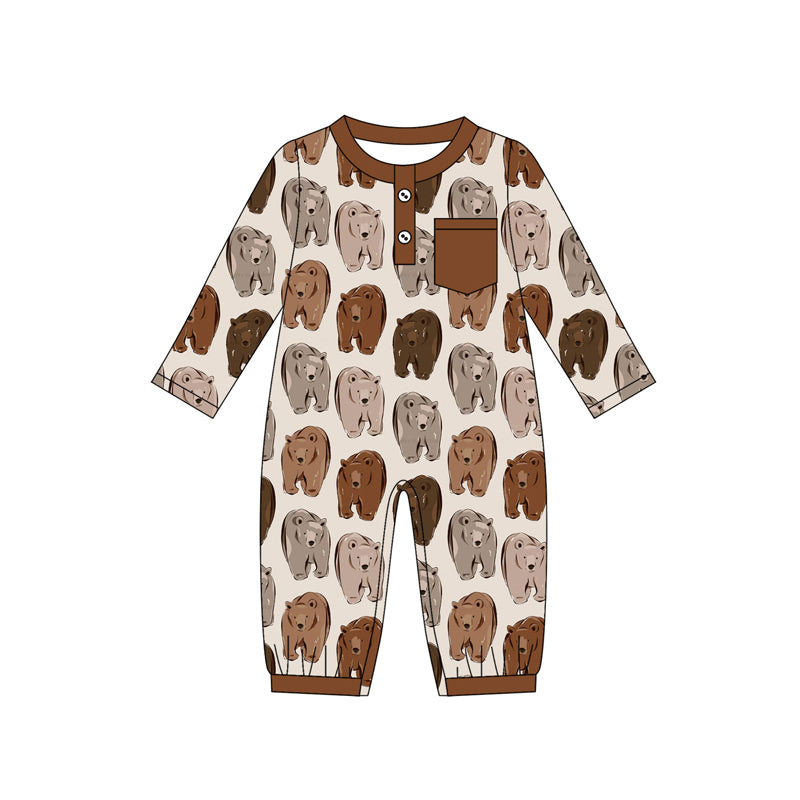 Preorder(moq 5)Baby Infant Boys Brown Bears Plaid Button Pocket Footie Rompers