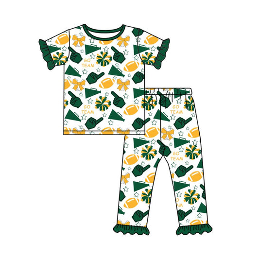 Preorder(moq 8)Baby Girls Gold Green Bows Footballs Top Ruffle Pants Team Pajamas Sets