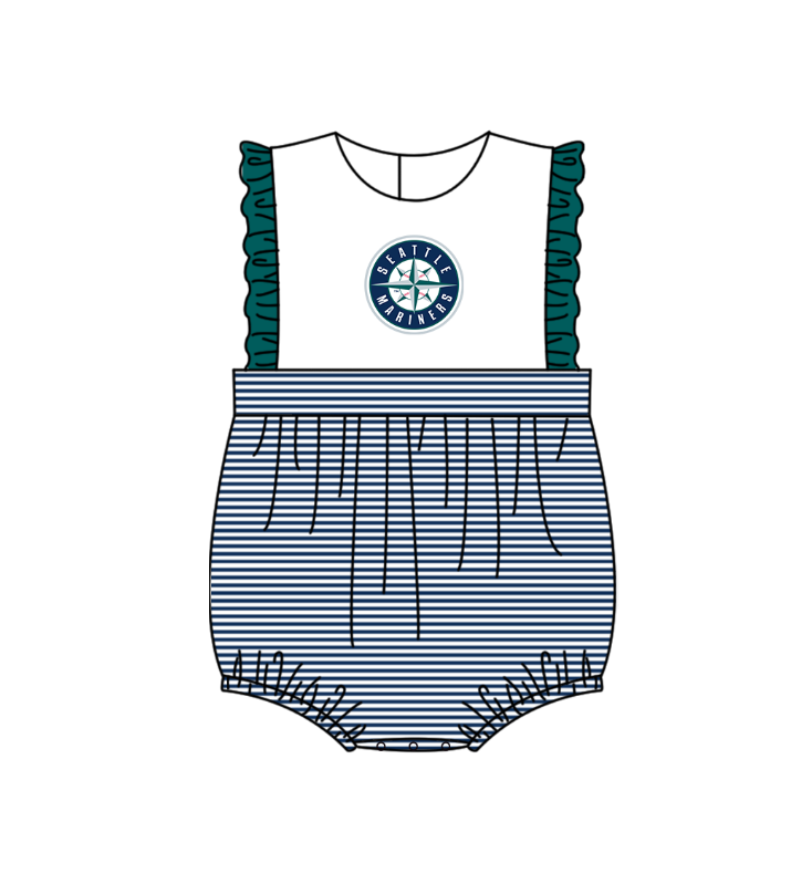 Preorder (moq 5)Baby Girls Sleeveless Seattle Mariners Stripe Team Ruffle Rompers