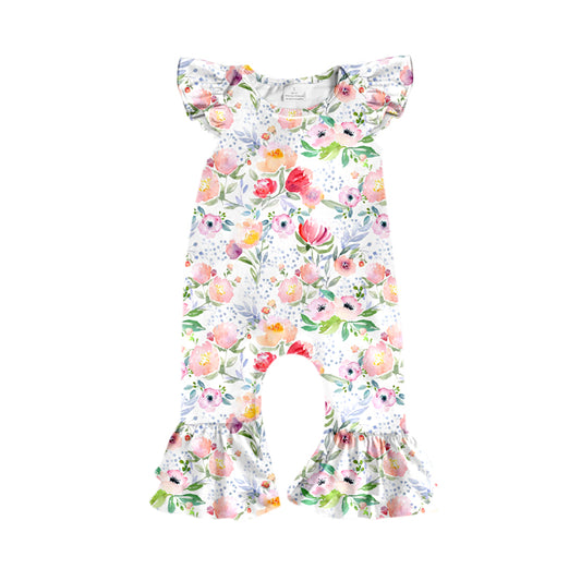 Preorder (moq 5)Baby Girls Flutter Sleeve Colorful Flowers Ruffle Footie Rompers