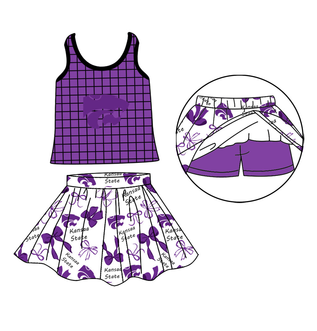 Preorder (moq 5)Baby Girls Purple Checked Wildcats Top Bows Skirt Short Team Clothes Set