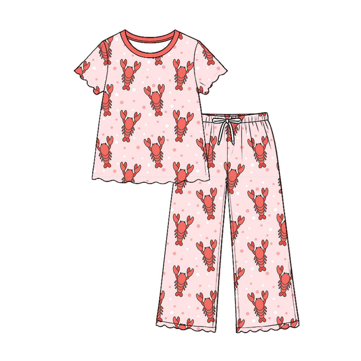 Preorder (moq 5) Baby Girl Clothes Crawfish Polka Dot Print Short Sleeve Scallop Top Wide Leg Pant Set