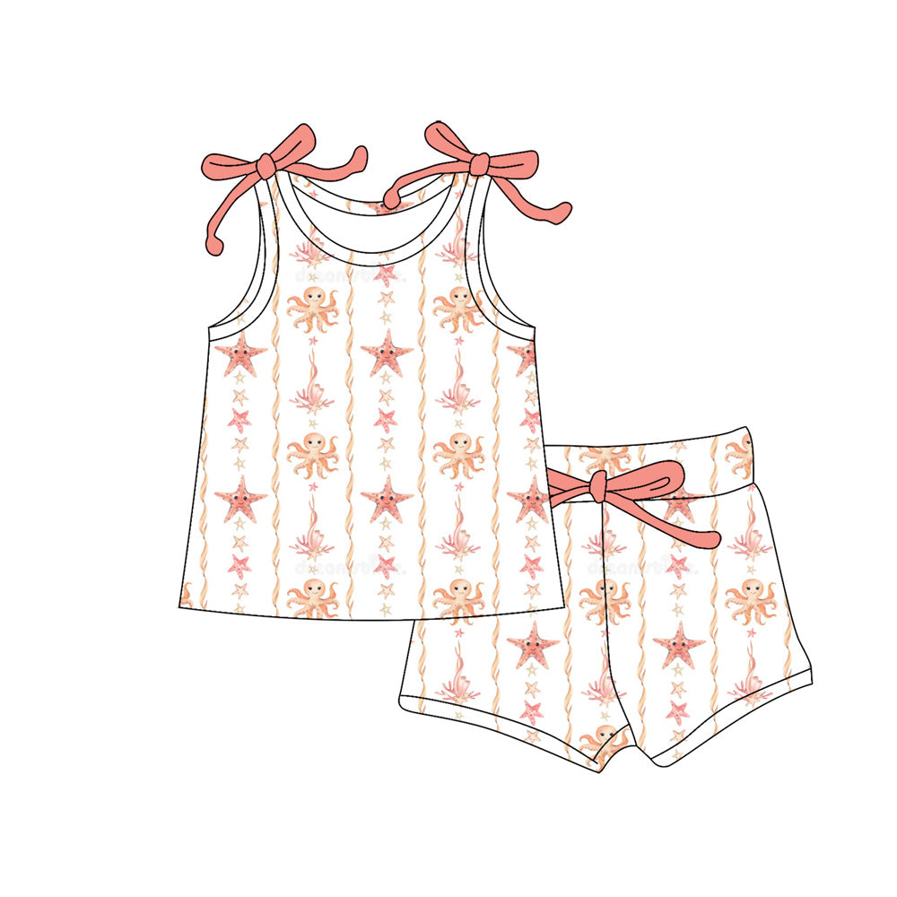 Preorder (moq 5)Baby Girls Bows Sleeveless Sea World Stripe Top Short Clothes Sets