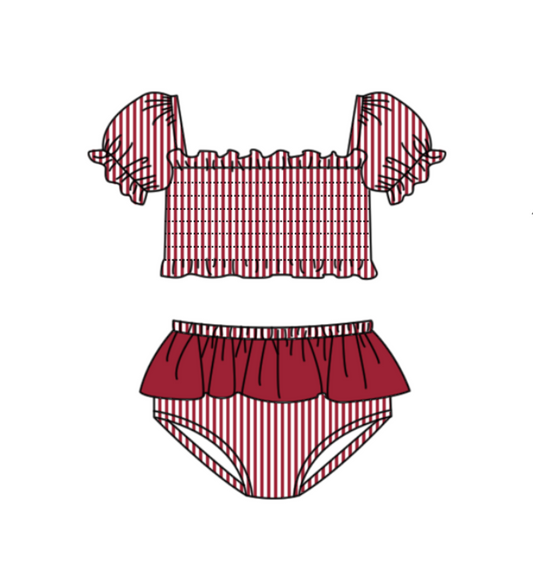 Preorder moq 5 Baby Girls Red Stripe Vest Top Bummies Short Team Swimsuits