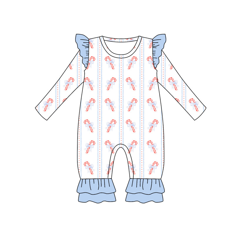 Preorder (moq 5)Baby Girls Long Sleeves Bows Candy Cane Stripes Ruffle Pant Romper